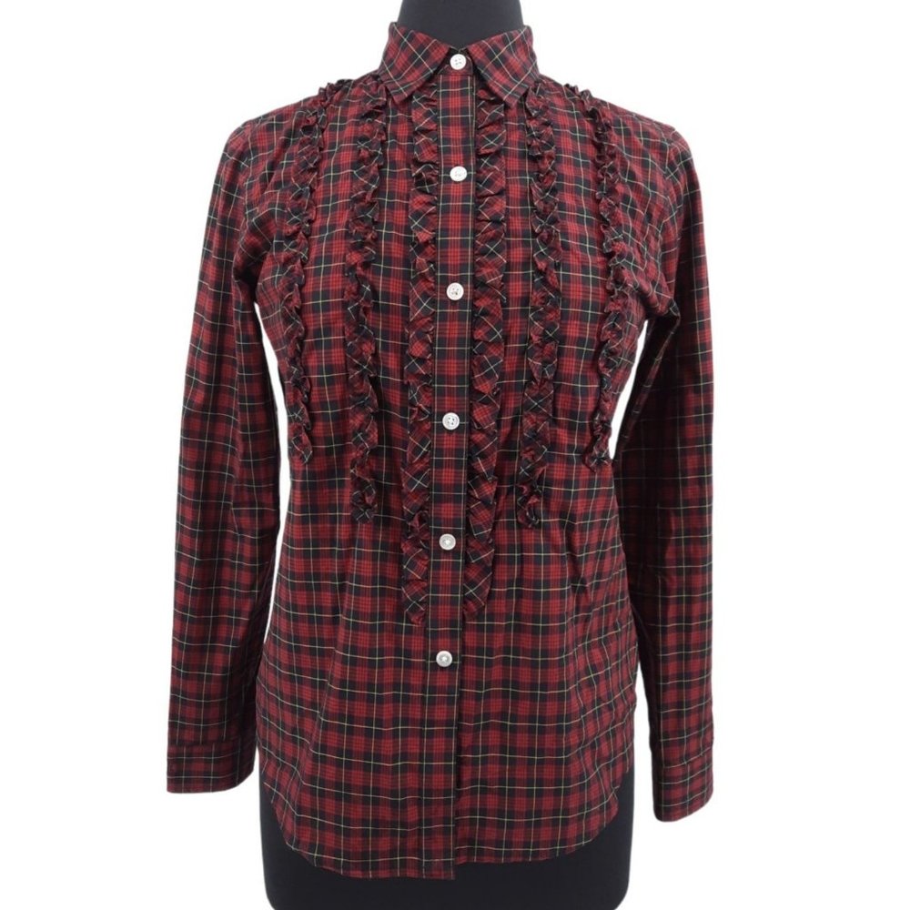 VTG 90s Lauren Ralph Lauren Red Plaid Ruffled Button Up Long Sleeve Top S Petite - Picture 1 of 9